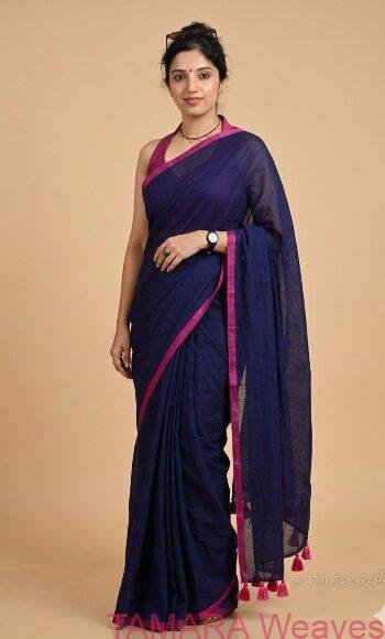 Navy with Pink Mul Cotton Saree in Australia - Image 2