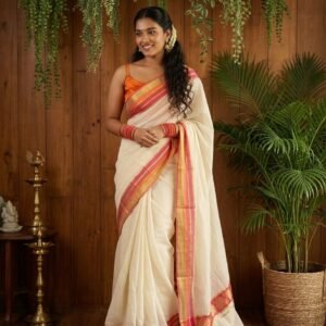 Orange, Pink and Kasavu lines Mul Cotton Saree - Delivery second week of April