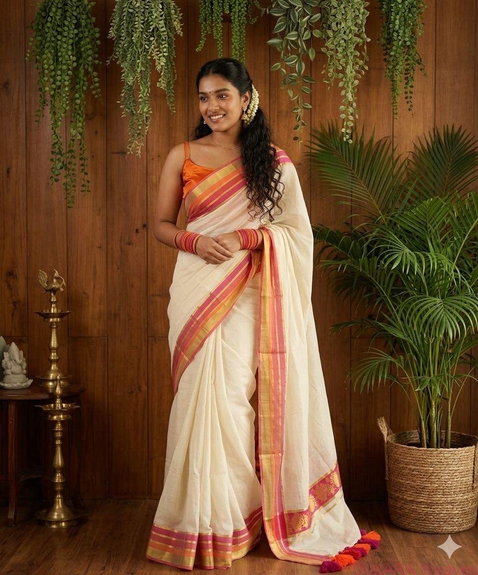 Orange, Pink and Kasavu lines Mul Cotton Saree - Delivery second week of April