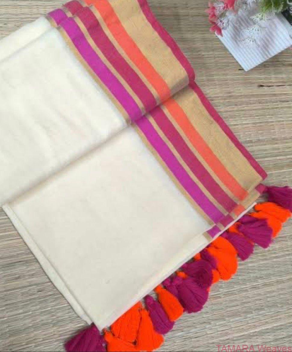 Orange, Pink and Kasavu lines Mul Cotton Saree - Delivery second week of April - Image 2