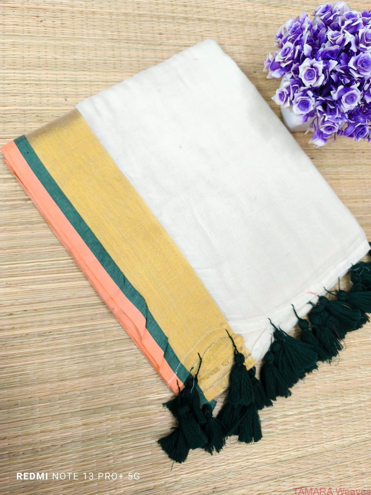 Light subtle festive mul cotton saree - peach and green - April 2026 second week delivery - Image 2