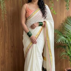 Light subtle festive mul cotton saree - peach and green