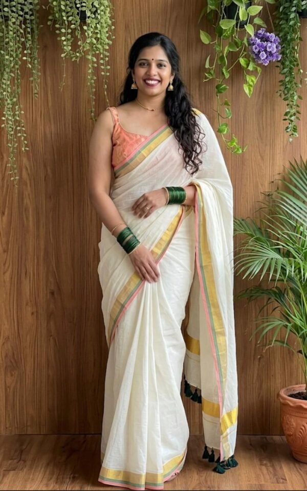Light subtle festive mul cotton saree - peach and green