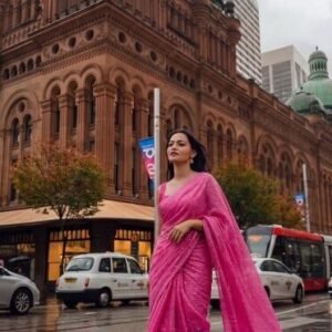 Sequin Mul Cotton Saree in Australia - Pink with small zari border
