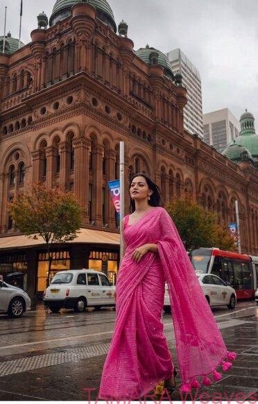 Sequin Mul Cotton Saree in Australia - Pink with small zari border