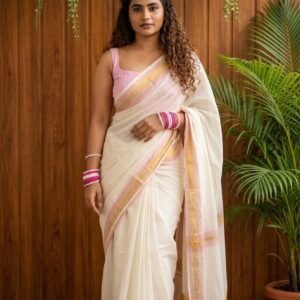 Handloom replica kasavu and light pink kara mul cotton saree