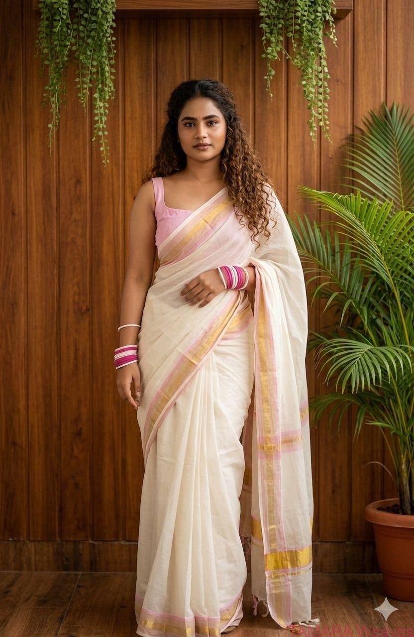 Handloom replica kasavu and light pink kara mul cotton saree