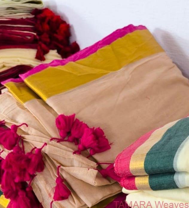 Festive Hot Pink Kara Mul Cotton Saree - Image 2