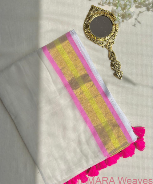 Handloom replica kasavu and light pink kara mul cotton saree - Image 3