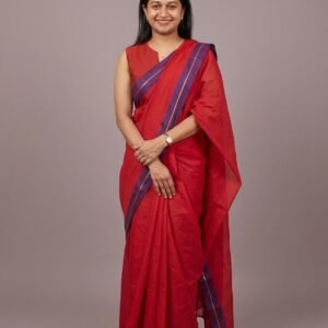 Red mul cotton saree with violet zari line borderin Australia