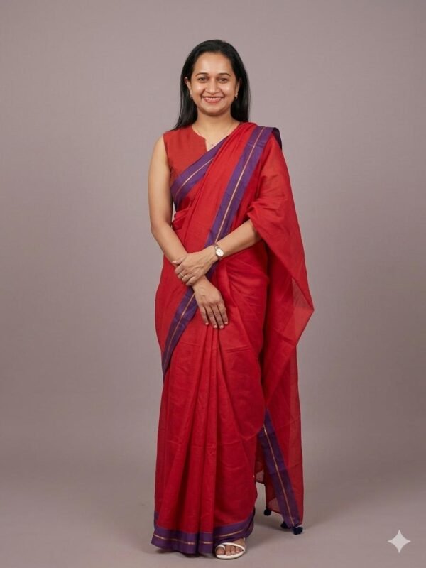 Red mul cotton saree with violet zari line borderin Australia