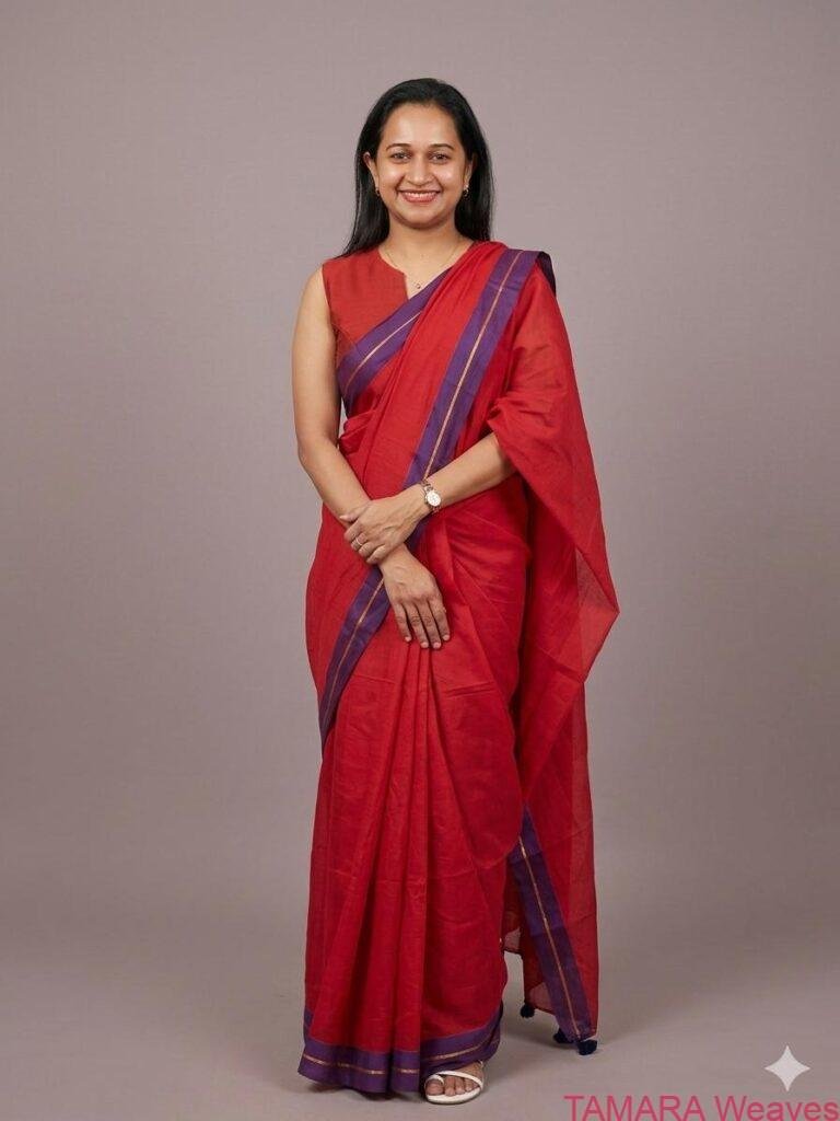 Red mul cotton saree with violet zari line borderin Australia