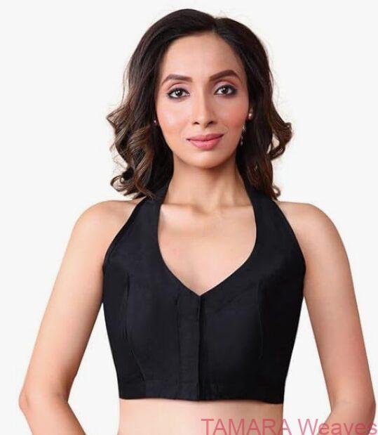 Halter Neck Sleeveless Ready to wear Saree Blouse - Black plain Australia