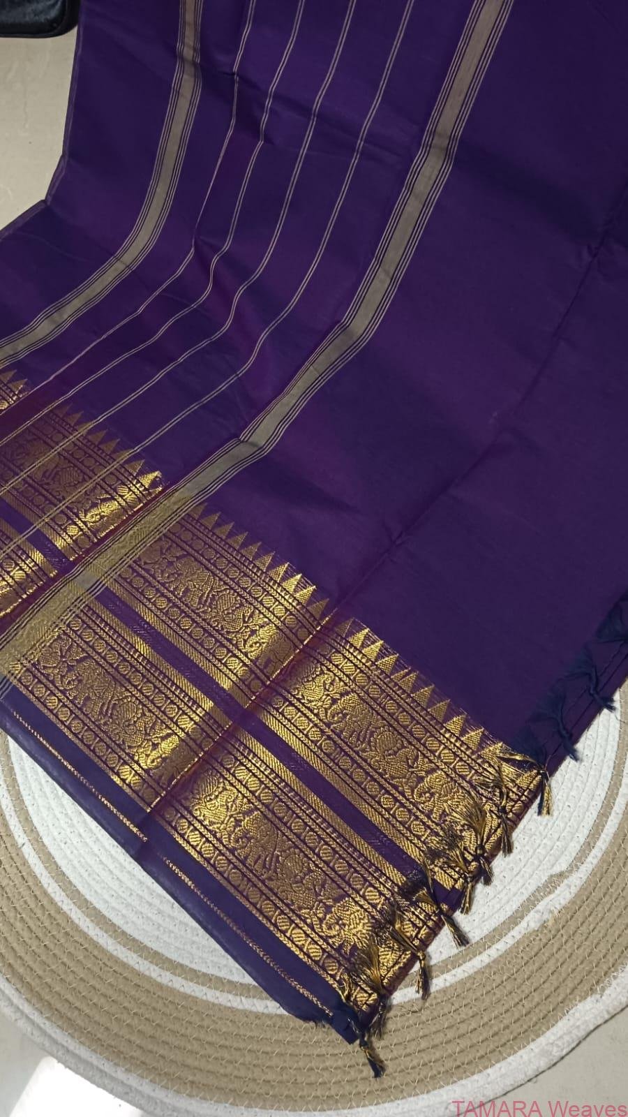 Deep violet monotone Kanchi Cotton Saree - rettapettu border - in Australia