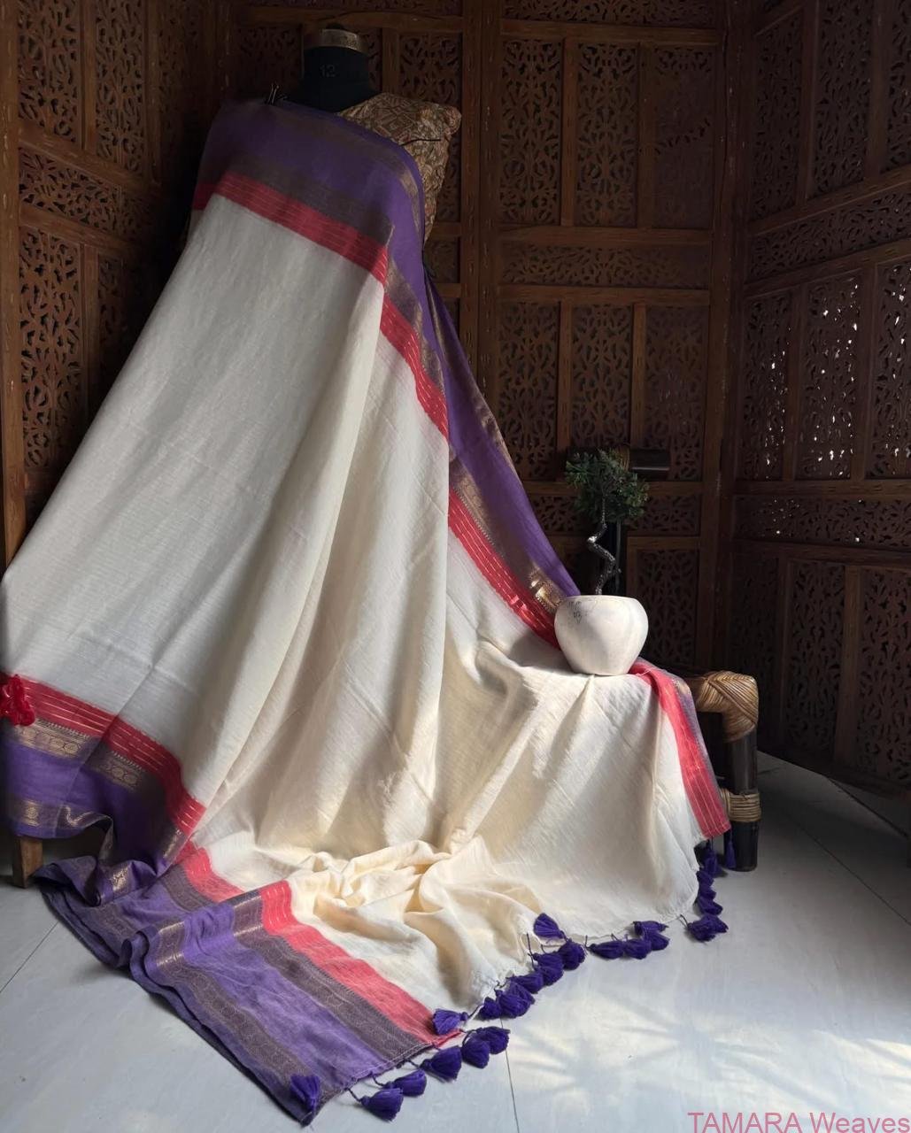 Kanchi border mul cotton saree - violet and red kasavu - April 2026 second week delivery - Image 4