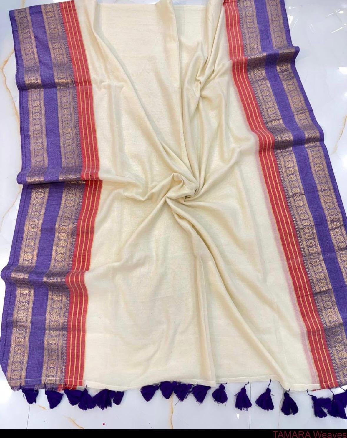 Kanchi border mul cotton saree - violet and red kasavu - April 2026 second week delivery - Image 3