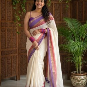 Kanchi border mul cotton saree - violet and red kasavu - April 2026 second week delivery