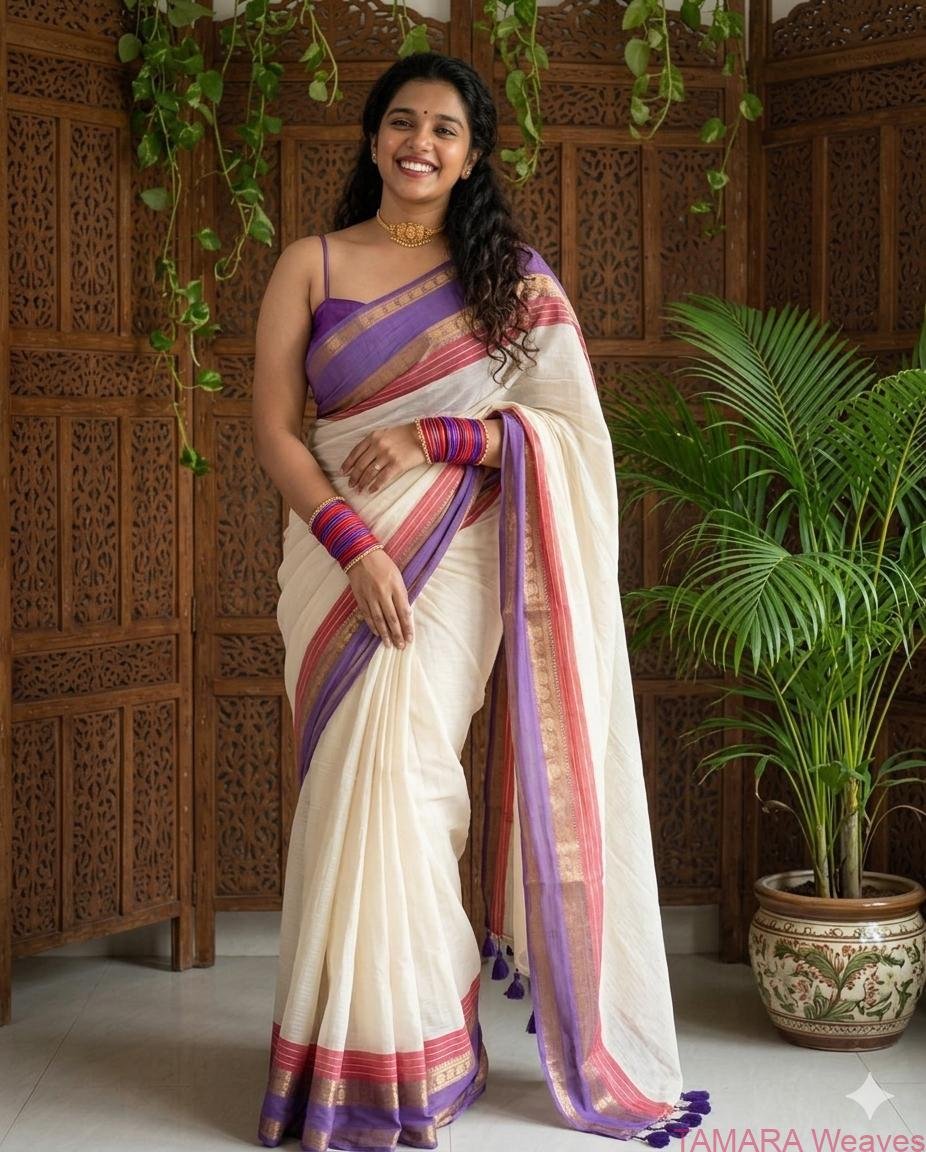 Kanchi border mul cotton saree - violet and red kasavu - April 2026 second week delivery