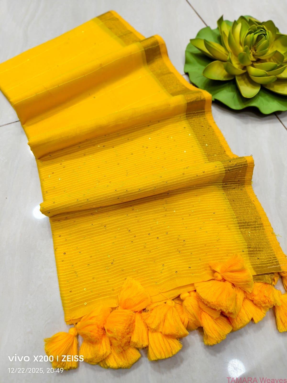 Sequin Mul Cotton Saree in Australia - Haldi Yellow with small zari border - Image 2