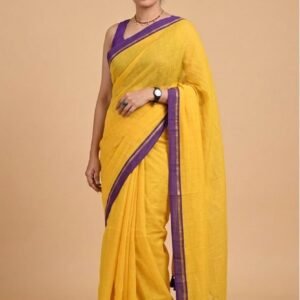 Yellow mul cotton saree with violet zari line borderin Australia