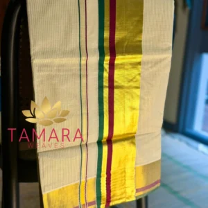 GMSTRIPE Kerala Kasavu Cotton Saree – Maroon & Green Kara with Gold Zari Stripes in Australia