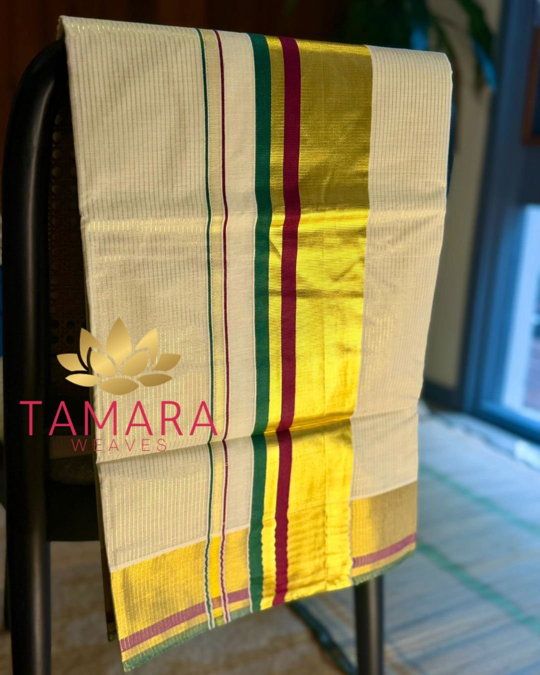 GMSTRIPE Kerala Kasavu Cotton Saree – Maroon & Green Kara with Gold Zari Stripes in Australia