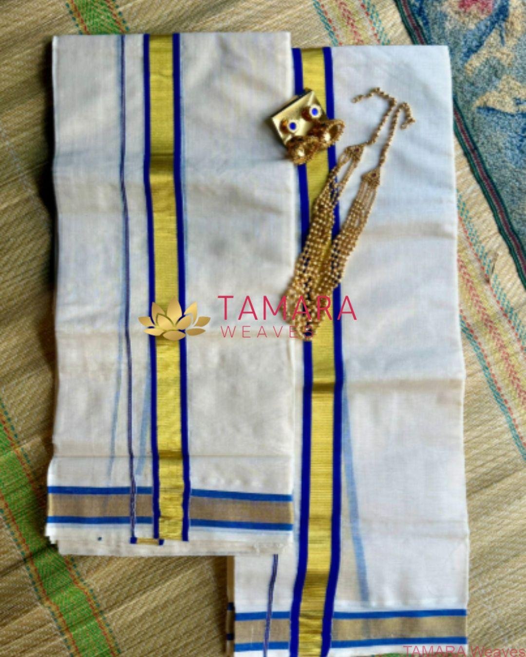 Royal Blue kara and gold kasavu set mundu in Australia