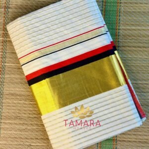 Tamara Kerala Kasavu Cotton Saree – Red & Black Kara with Gold Zari Stripes in Australia