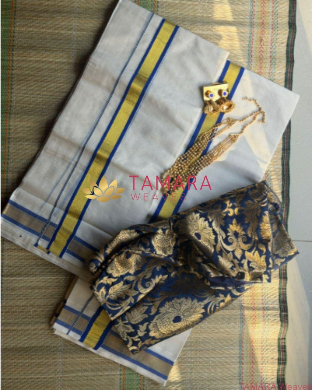 Royal Blue kara and gold kasavu set mundu in Australia - Image 2