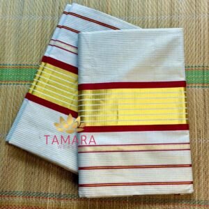 MARST Kerala Kasavu Cotton Saree – Maroon Stripes with Gold Zari Stripes in Australia