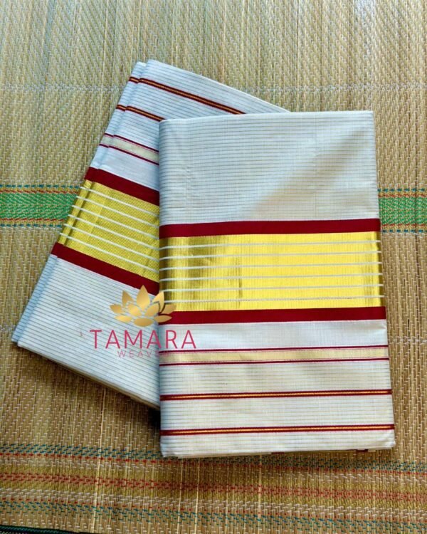 MARST Kerala Kasavu Cotton Saree – Maroon Stripes with Gold Zari Stripes in Australia