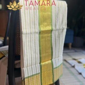 OGSTRIPE Tamara Kerala Kasavu Cotton Saree – Olive and Gold Stripes Stripes all over in Australia