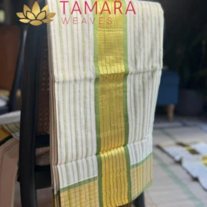 OGSTRIPE Tamara Kerala Kasavu Cotton Saree – Olive and Gold Stripes Stripes all over in Australia