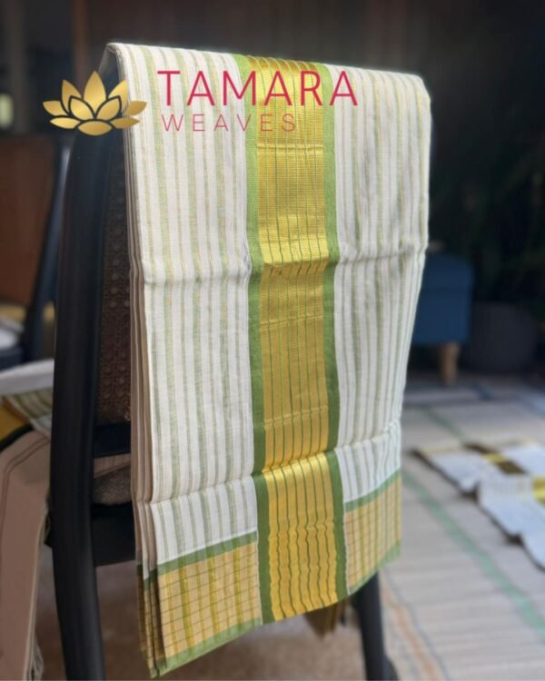 OGSTRIPE Tamara Kerala Kasavu Cotton Saree – Olive and Gold Stripes Stripes all over in Australia