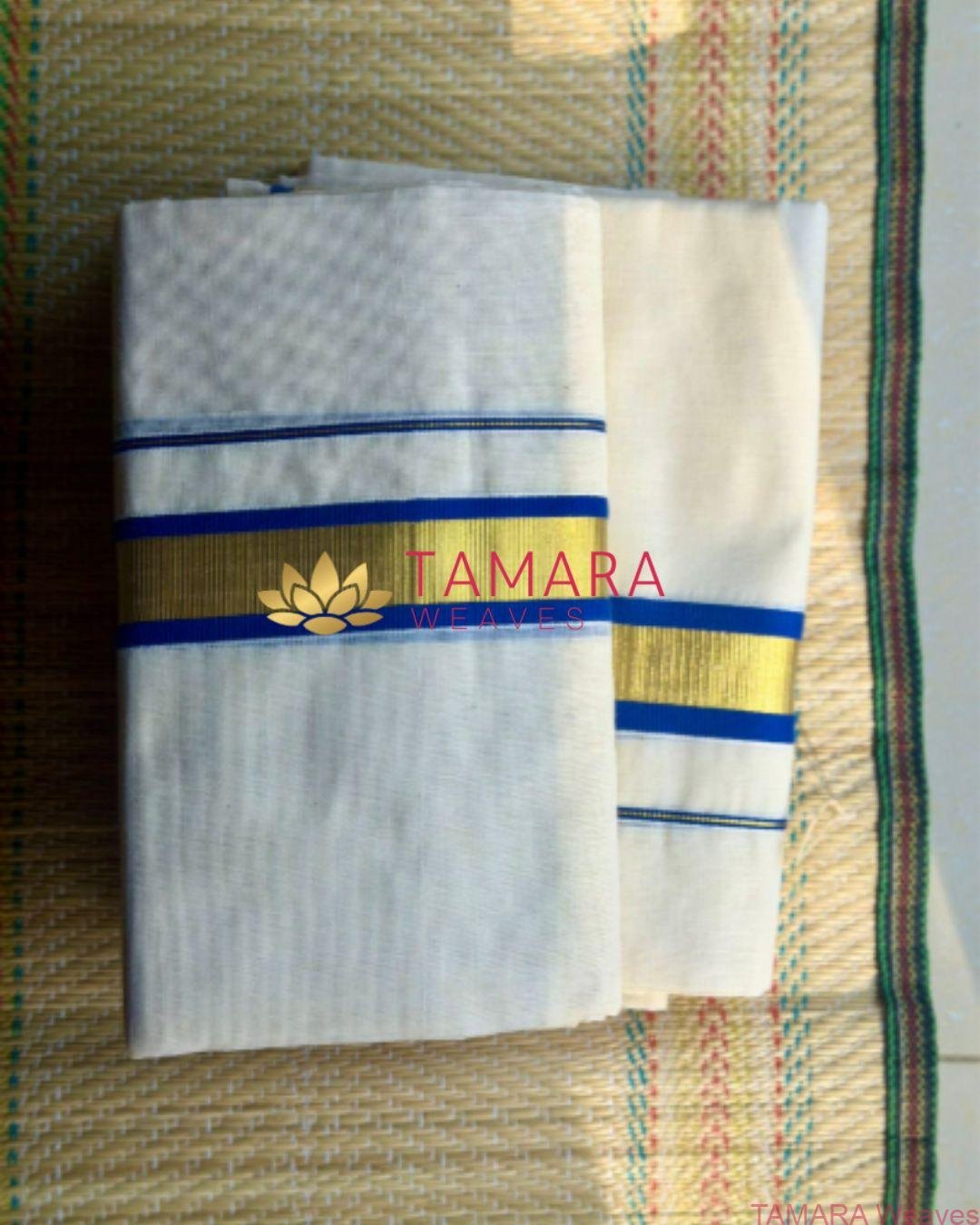 Royal Blue kara and gold kasavu set mundu in Australia - Image 3
