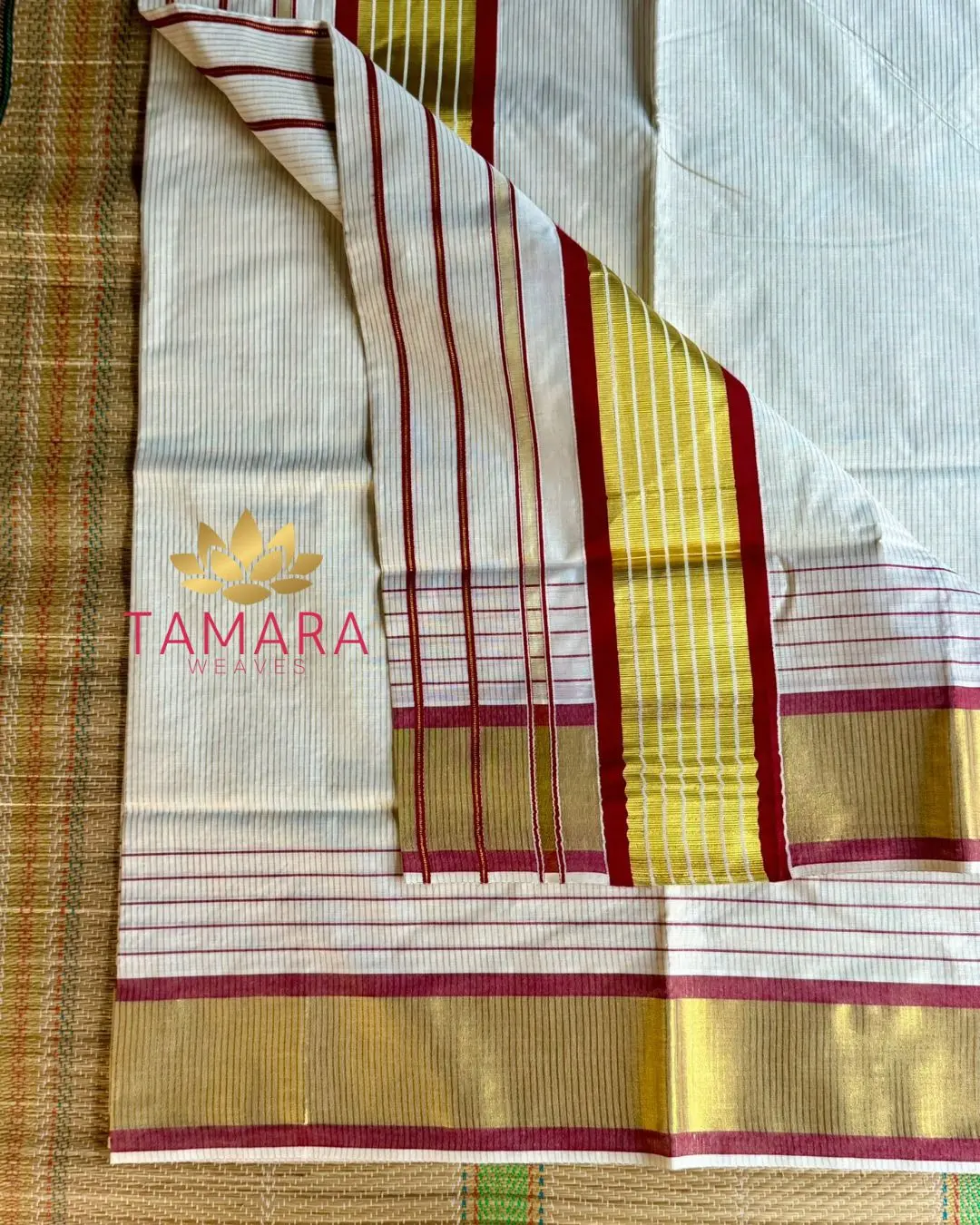 MARST Kerala Kasavu Cotton Saree – Maroon Stripes with Gold Zari Stripes in Australia - Image 4