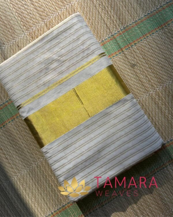 GSTRIPE Handloom look gold stripes Kerala cotton set saree -Premium quality Powerloom