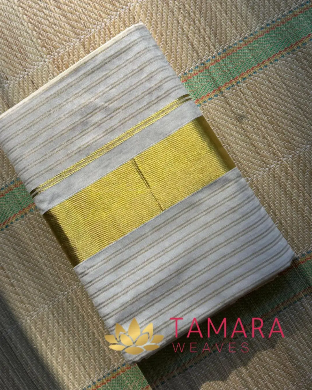 GSTRIPE Handloom look gold stripes Kerala cotton set saree -Premium quality Powerloom