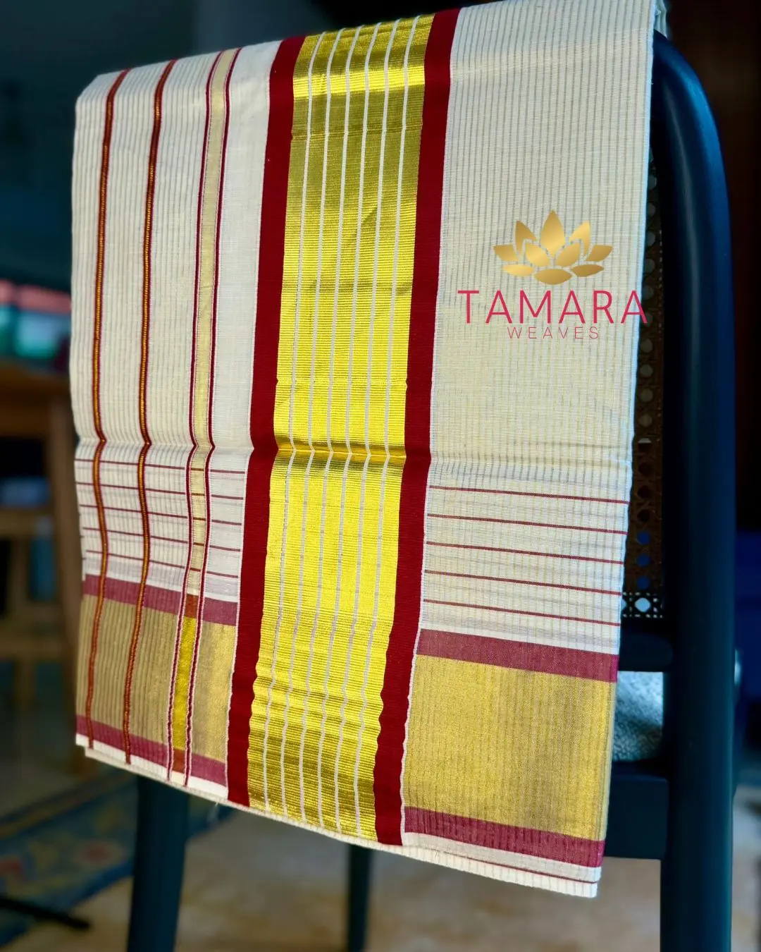 MARST Kerala Kasavu Cotton Saree – Maroon Stripes with Gold Zari Stripes in Australia - Image 3