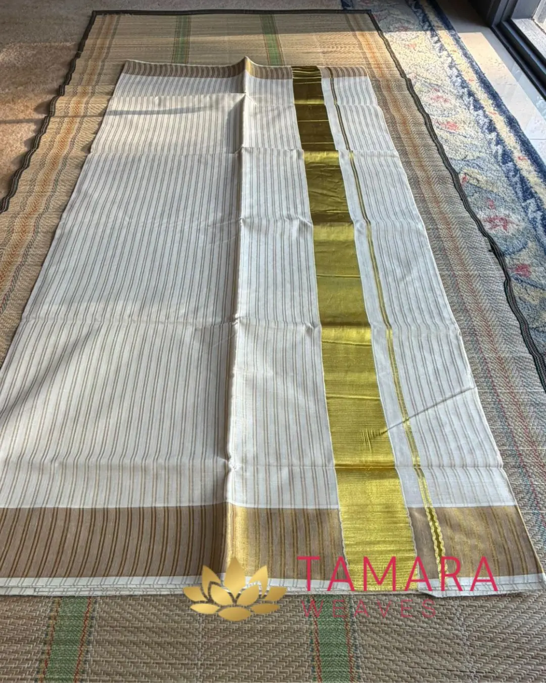 GSTRIPE Handloom look gold stripes Kerala cotton set saree -Premium quality Powerloom - Image 4