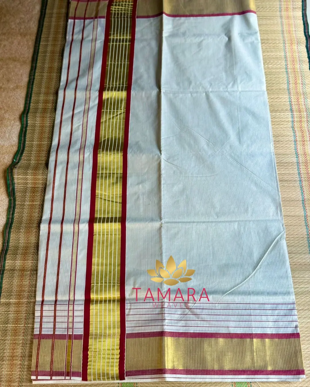 MARST Kerala Kasavu Cotton Saree – Maroon Stripes with Gold Zari Stripes in Australia - Image 2