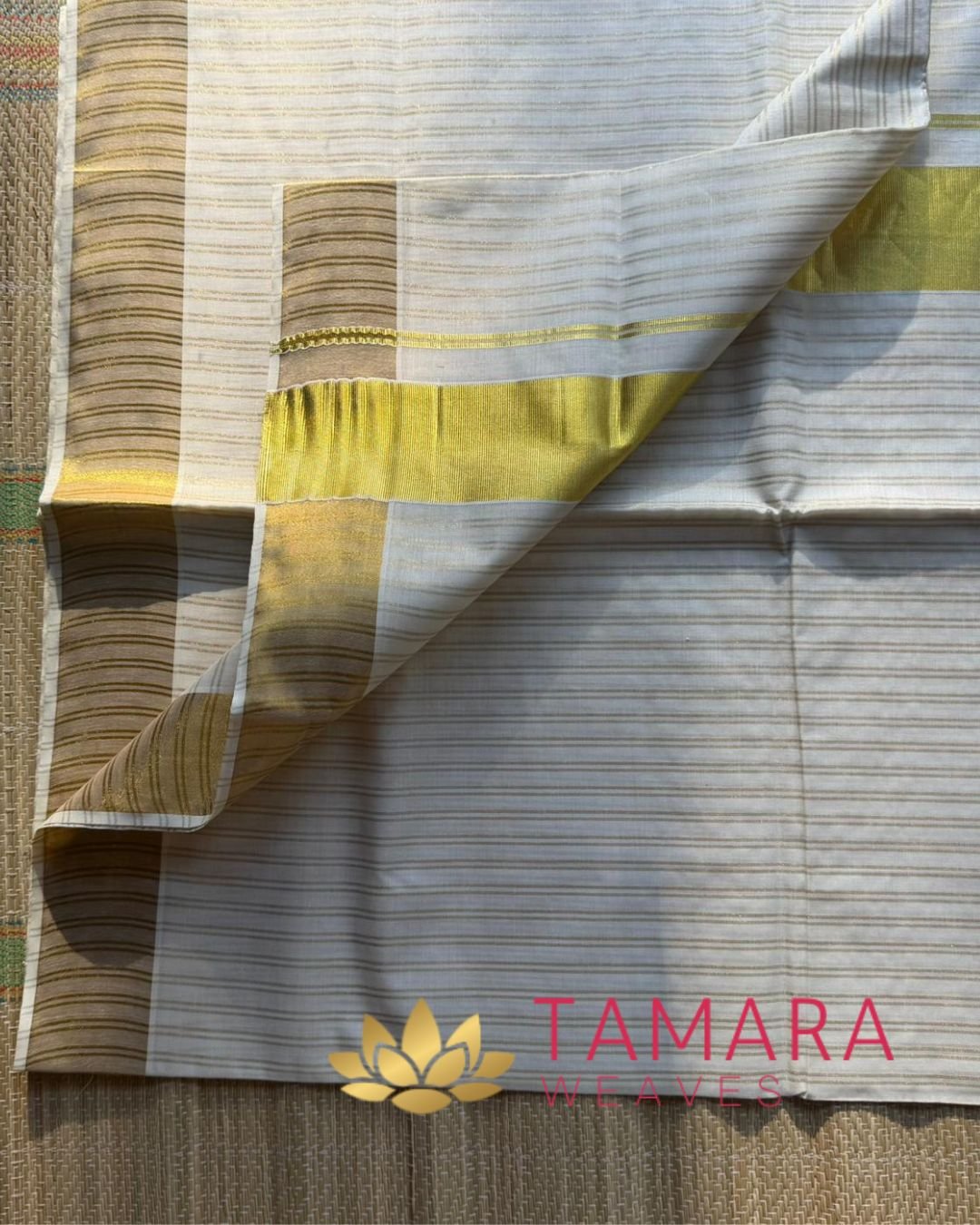 GSTRIPE Handloom look gold stripes Kerala cotton set saree -Premium quality Powerloom - Image 3