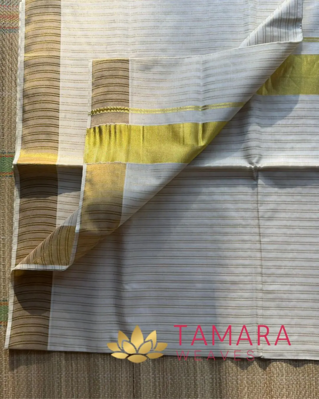 GSTRIPE Handloom look gold stripes Kerala cotton set saree -Premium quality Powerloom - Image 3