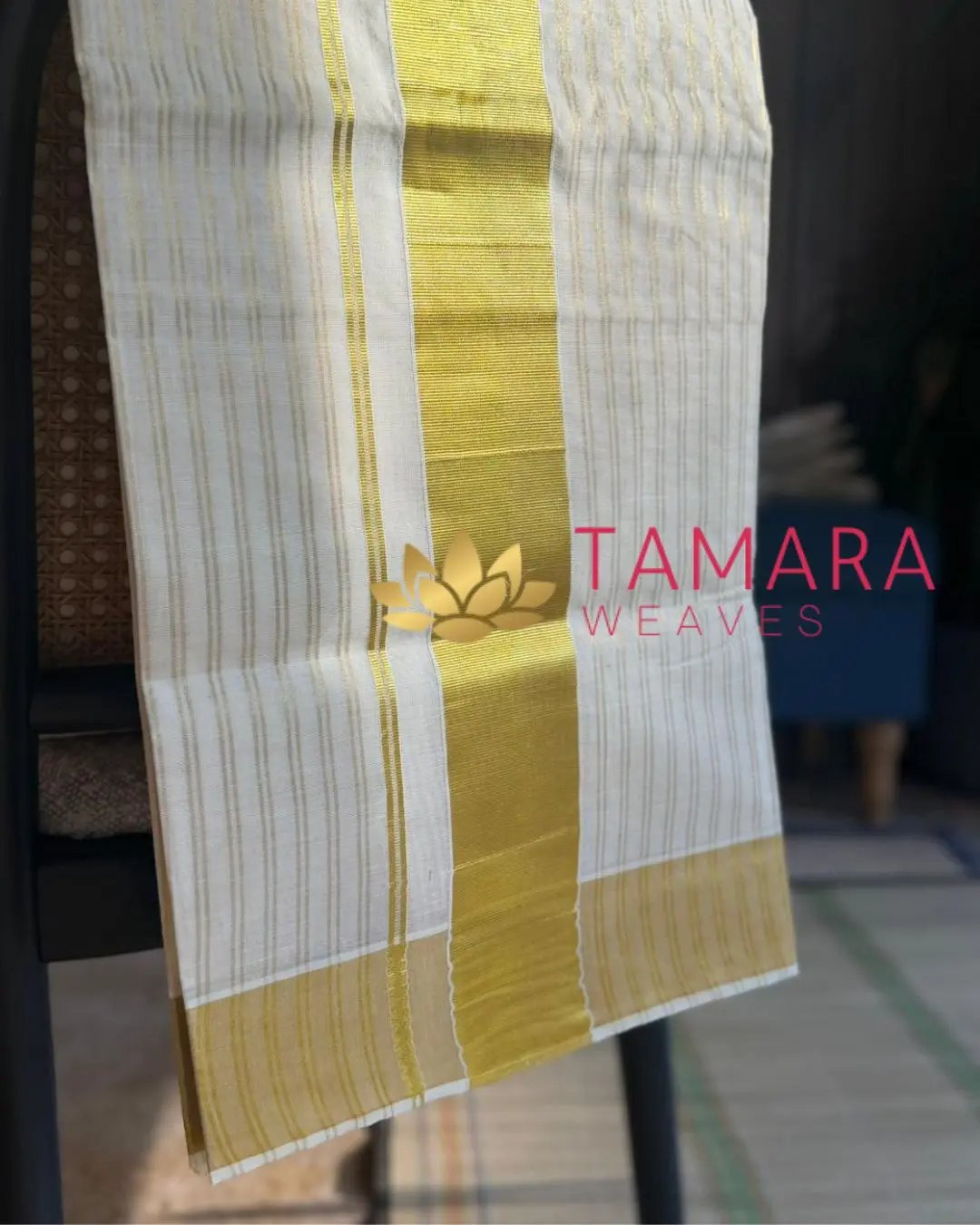 GSTRIPE Handloom look gold stripes Kerala cotton set saree -Premium quality Powerloom - Image 2