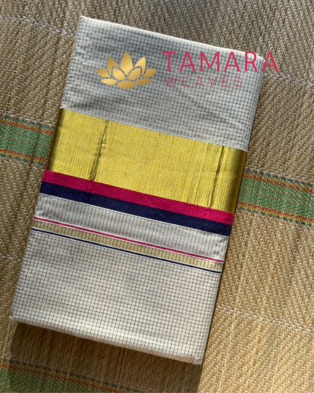 PNCHECKS Kerala Kasavu Cotton Saree – Pink & Navy with Gold Zari Checks in Australia - Image 4
