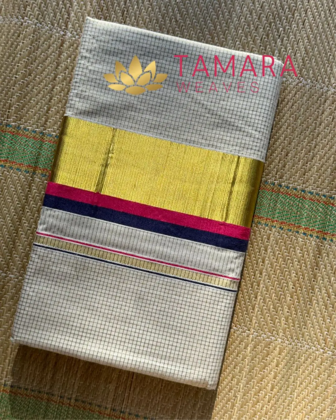 PNCHECKS Kerala Kasavu Cotton Saree – Pink & Navy with Gold Zari Checks in Australia - Image 4