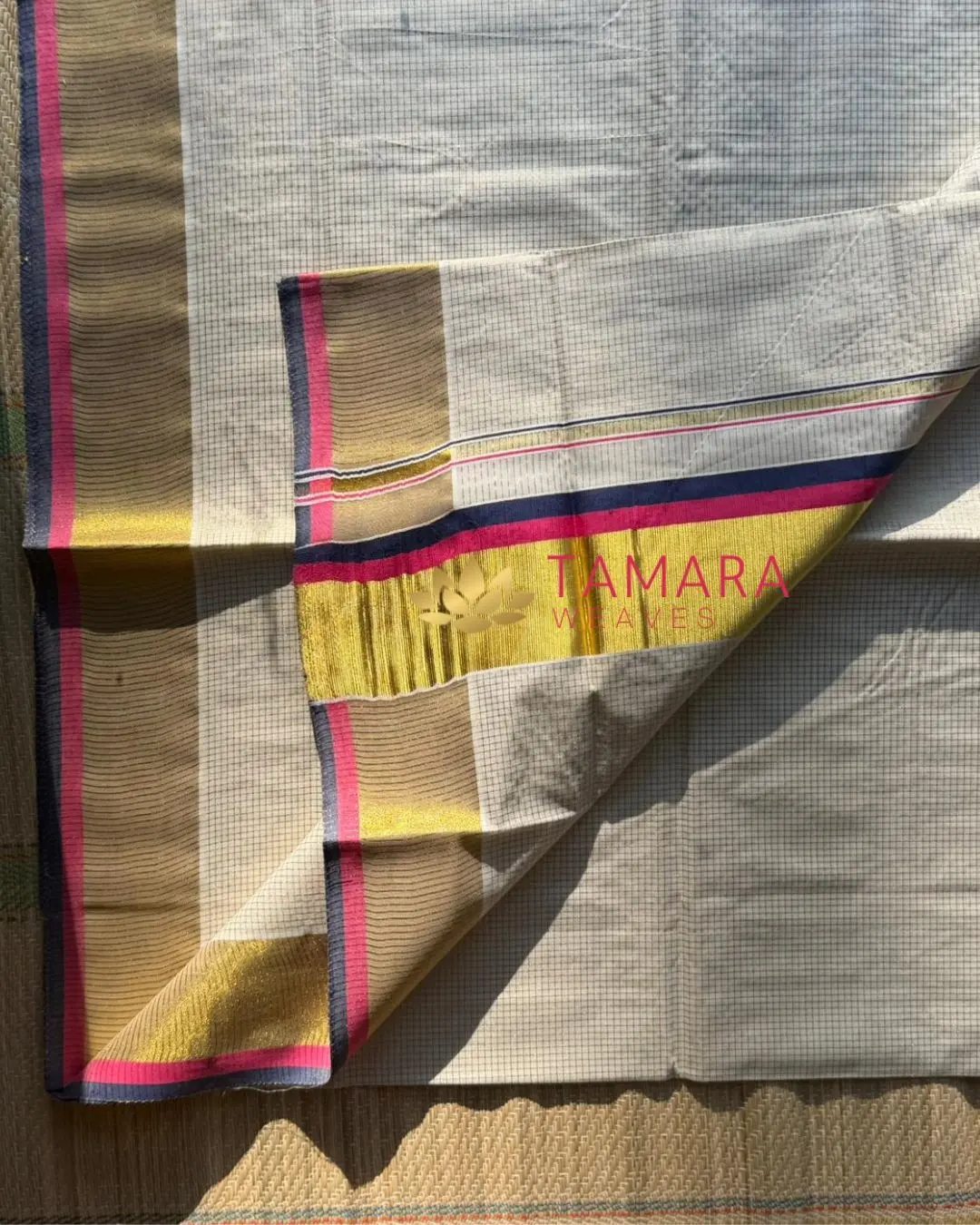 PNCHECKS Kerala Kasavu Cotton Saree – Pink & Navy with Gold Zari Checks in Australia - Image 3