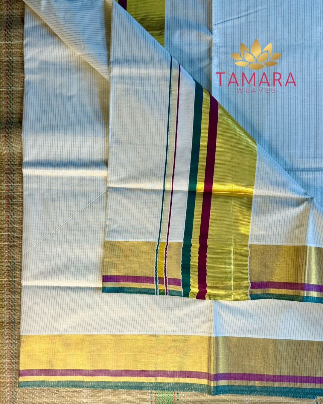 GMSTRIPE Kerala Kasavu Cotton Saree – Maroon & Green Kara with Gold Zari Stripes in Australia - Image 4