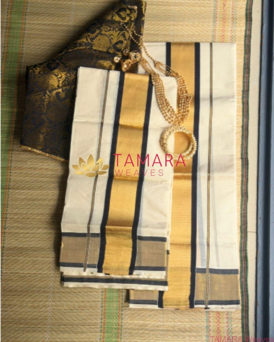 Black kara and gold kasavu set mundu Tamara Weaves Australia - Image 2