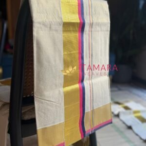 PNCHECKS Kerala Kasavu Cotton Saree – Pink & Navy with Gold Zari Checks in Australia